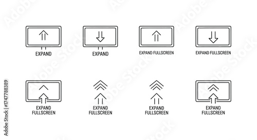 Set of eight schematic icons representing different display orientations and interface controls for screens and devices vector