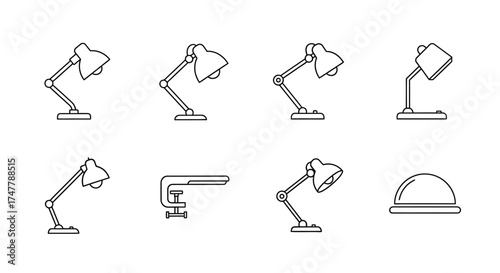 Set of desk lamp icons with adjustable arms and clamp mounts for study and office vector