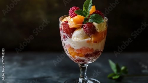 Yogurt with fruit in a glass for breakfast