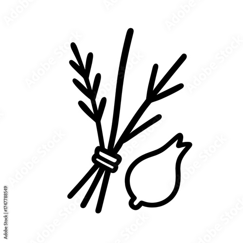 Simple black outline icon of tied lulav branches and etrog – symbolic Jewish unity and Sukkot celebration icon