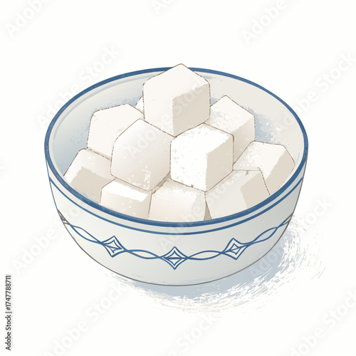 Hand-Drawn Small Bowl of White Sugar Cubes Illustration