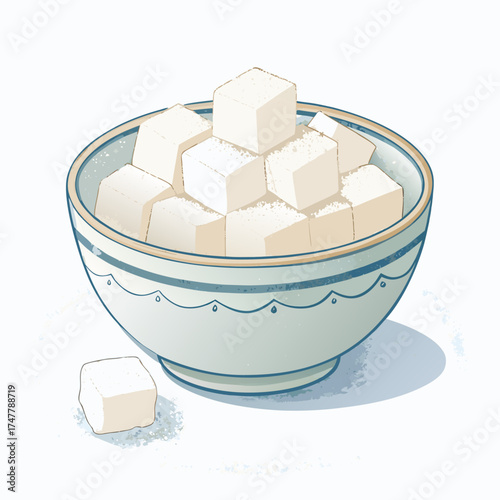 Hand-Drawn Small Bowl of White Sugar Cubes Illustration