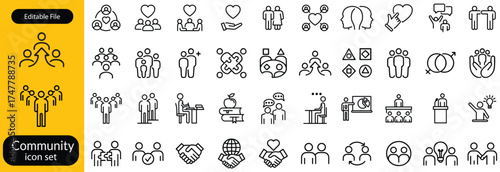Community line editable icon set. Containing people, friendship, social, diversity, village, relationships, support and Line icon set