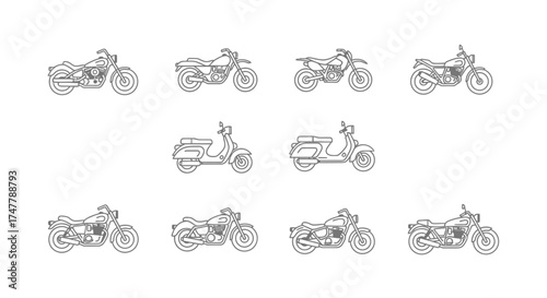 Collection of classic motorcycle and scooter line art sketches on white for design projects vector