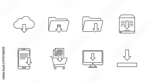 Set of download icons cloud folder trash can smartphone shopping cart monitor and interface elements vector
