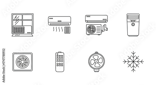 Set of hand-drawn icons representing air conditioning and climate control technology vector