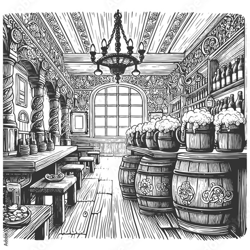 old tavern interior featuring wooden barrels, bottles, rustic tables, lanterns, and decorative windows sketch engraving generative ai vector illustration. Scratch board imitation. Black and white.