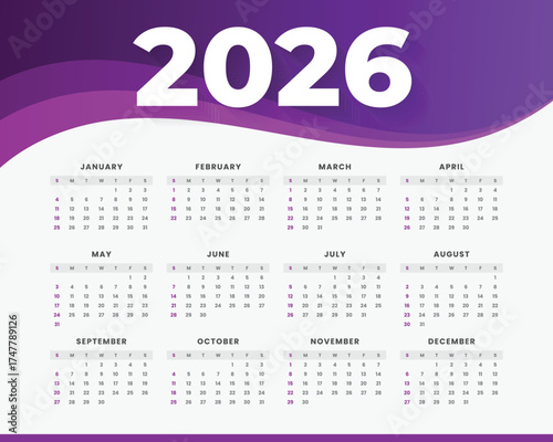 Modern and minimal 2026 calendar template with colorful wave design. Perfect for business, corporate, or personal use. Fully editable and printable layout