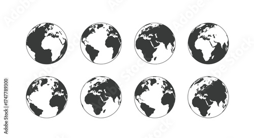 Global earth views set showing continents and oceans different perspectives globe representation vector