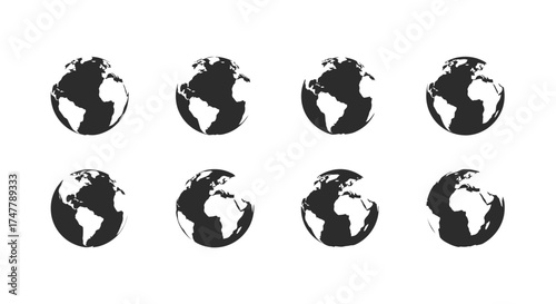Eight earth globe icons showing different rotation angles for global concepts and communication vector