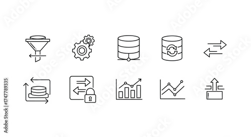 Set of 10 hand-drawn icons representing data analytics cloud computing and security concepts vector