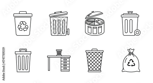 Collection of simple line drawing icons representing recycling bins trash cans and waste bags vector