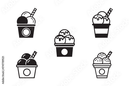 Ice Cream Cup Icon Set – Sundae Scoops Outline and Silhouette Vector