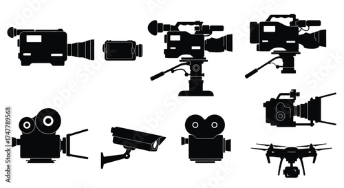 Diverse collection of professional and vintage camera silhouettes for media production and content creation vector