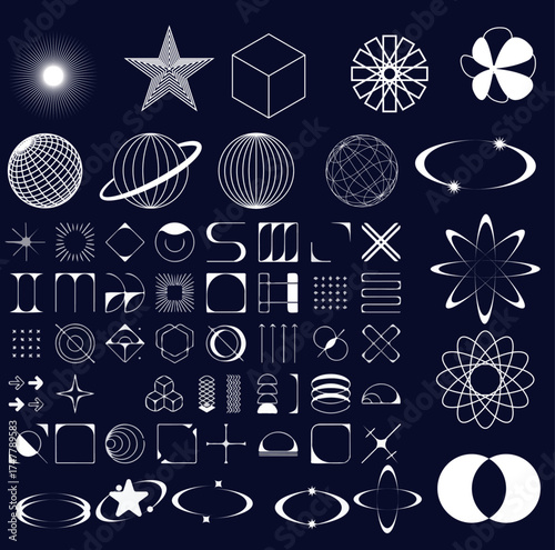 Brutalism and retro futuristic logo, icons, 3d shapes, lettering elements. Retrofuturistic Y2K graphic box with HUD UI elements, icons, logo, stickers. Brutalism and Futurism Aesthetics in Vector Set