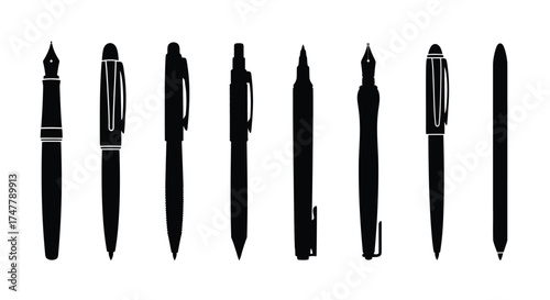 Collection of diverse pens and writing implements silhouettes for creative projects vector