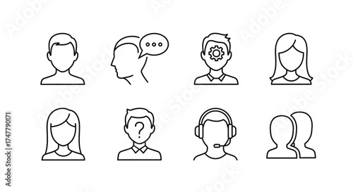 Diverse people icons representing communication and individuality hand drawn style vector