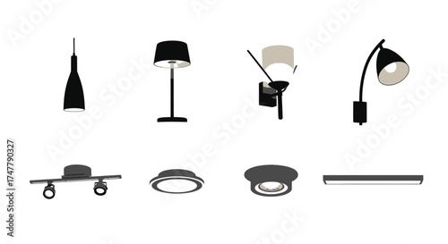 Collection of modern interior lighting fixtures and decorative lamps for home design vector
