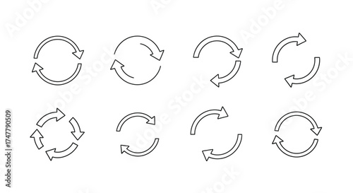 Set of eight circular refresh arrows and reload icons in various stages vector