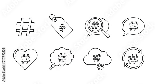 Collection of stylized hashtag icons representing social media engagement and online trends vector