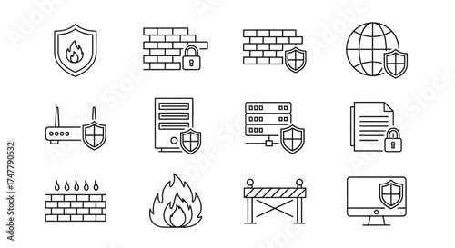Cybersecurity icons set protecting data network security digital firewalls and global protection concepts vector