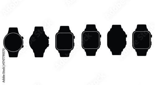 Collection of six black silhouette smartwatch outlines displaying diverse modern designs and shapes vector