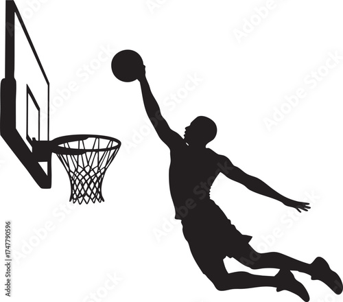 Silhouette of Basketball Player Performing a Slam Dunk by Hoop