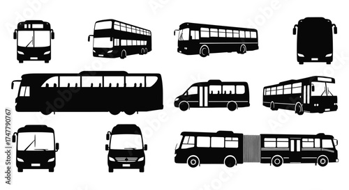 Collection of diverse bus silhouettes for transportation and travel concepts vector