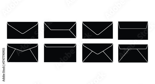 Collection of eight diverse black envelopes for mail communication business and personal correspondence vector
