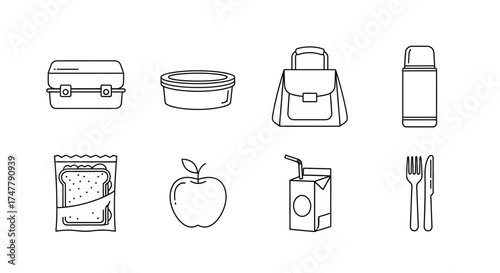 Set of cartoon lunchbox items and school supplies for kids packed for a healthy meal vector