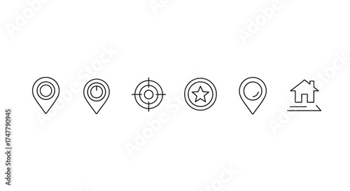 Collection of stylized map pin icons and a simple house marker for location services vector