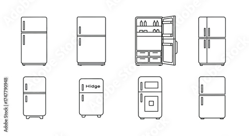 Collection of refrigerator icons showing different styles and open/closed views in simple line art vector