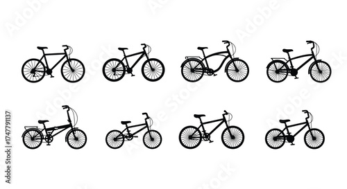 Collection of eight diverse bicycle silhouettes various styles and sizes for transportation and recreation vector