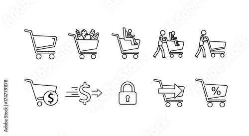 Hand drawn shopping cart icons representing commerce and purchases vector