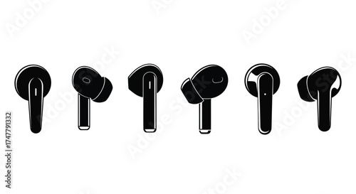 Modern black wireless earbuds displayed from multiple angles studio shot isolated vector