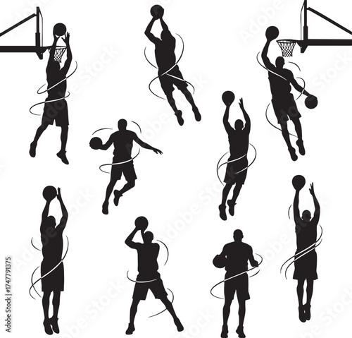 Male Basketball Player Silhouette Set – Motion-Line Action Poses (Dunks, Shots, Hoops – Black & White Graphic)