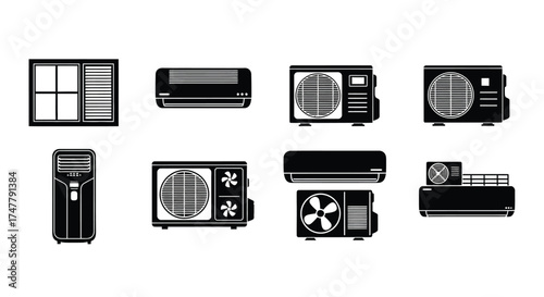 Collection of air conditioner icons and outdoor units for hvac system design vector