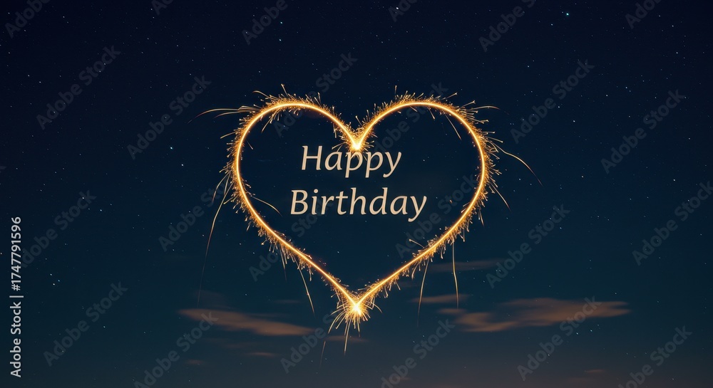 Fototapeta premium Sparkling Heart Birthday: A radiant heart of sparkling lights forms a glowing embrace, the words Happy Birthday elegantly inscribed within. The image evokes warmth, joy.