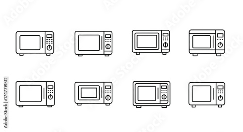 Collection of diverse microwave oven icons simple line art style for kitchen and appliance themes vector
