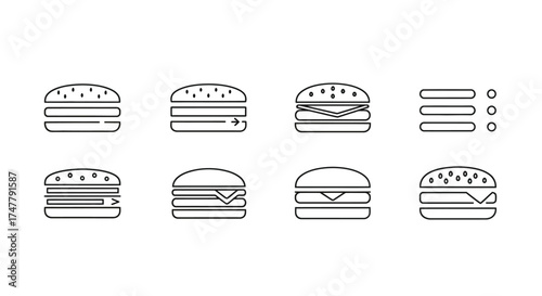 Set of abstract burger icons representing fast food options and menu choices vector