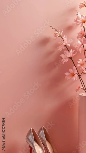Wallpaper Mural A pair of elegant silver high heels next to a pink vase filled with delicate pink flowers against a soft pink background. Torontodigital.ca