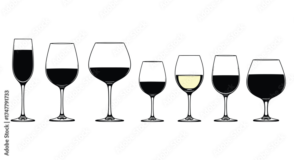 Φωτογραφία Collection of assorted wine glasses filled with red and white wine showing diffe