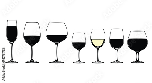 Collection of assorted wine glasses filled with red and white wine showing different shapes vector