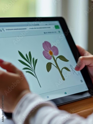 Wallpaper Mural Young blond European girl drawing flowers on a tablet using a stylus in a bright indoor setting. Torontodigital.ca