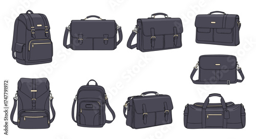A collection of various bags including backpacks briefcases and duffel bags displayed in a grid.