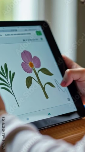 Wallpaper Mural A young Caucasian girl with blonde hair draws flowers on a tablet. She focuses intently on the screen, showcasing creativity and digital art skills. Torontodigital.ca