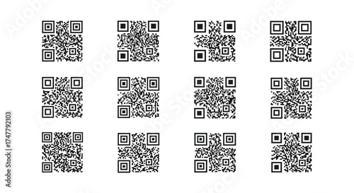 Collection of twelve unique qr codes for digital information and connectivity solutions vector