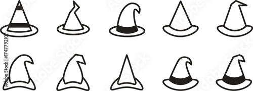 Set of ten unique witch hat icons in black line art. Features various shapes, brim styles, and buckle details. vector elements for Halloween invitations, magic themes, costume design, and spooky