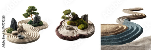 Isolated miniature Japanese Zen rock gardens with abstract sand patterns