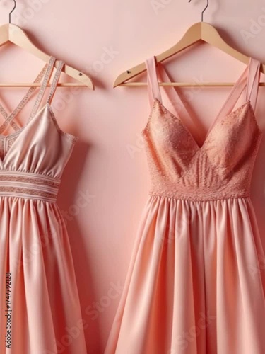 Wallpaper Mural Two elegant dresses hanging on wooden hangers against a soft pink background. The dresses are in shades of peach, showcasing different styles and textures. Torontodigital.ca